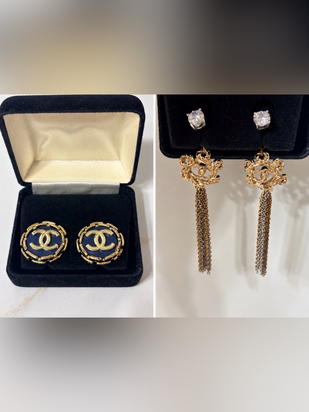 Upcycled Designer Button Tassel Earrings Set of 2 Sterling Moissanite Studs